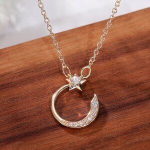 Crystal Shiny Micro Pave Moon Star Gold Trendy Necklace for Women, INDN8645